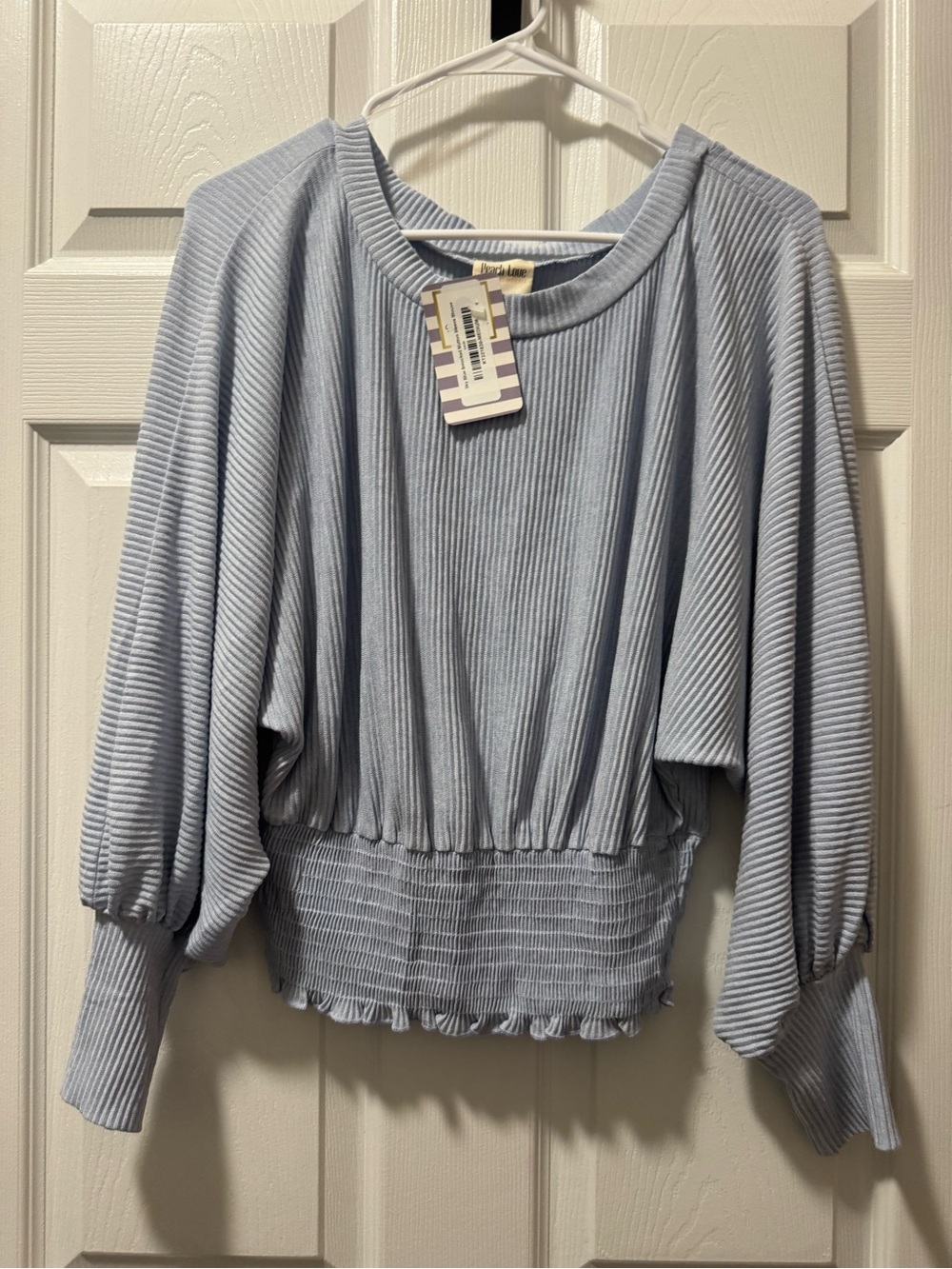 Peach Love California Light Blue Ribbed Smocked Waist Balloon Sleeve Top